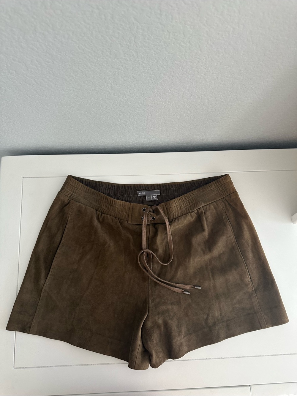 Vince 100% Leather Drawstring Shorts Brown Size Small Lined Pull On